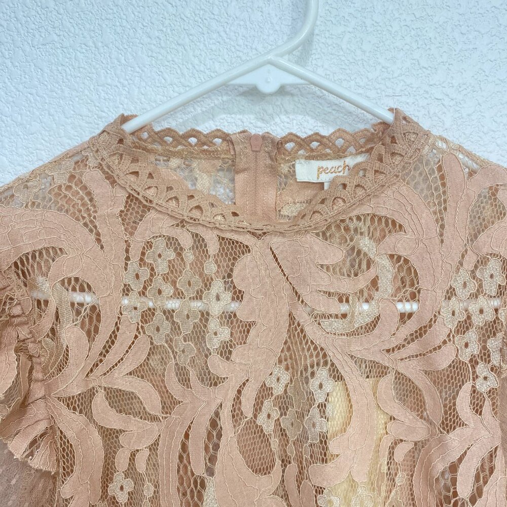 Peach Lace Puff Sleeve Blouse Boho Chic Floral Top Nude Size M - Picture 4 of 7